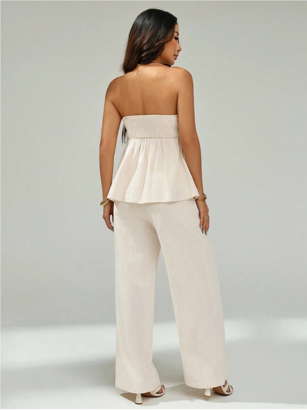Two-Piece Bandeau Top Long Pants Set Woven Petites Size XS Beige - Picture 6 of 10